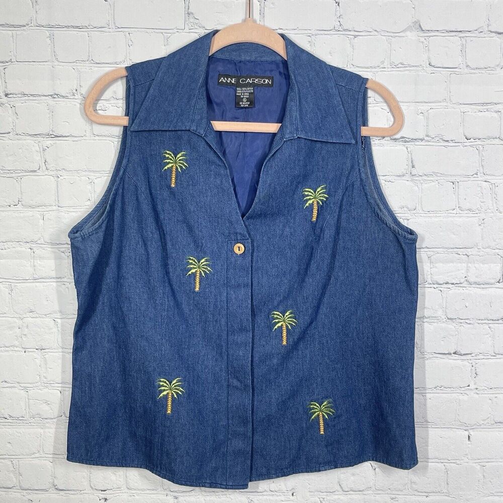 Chambray Shirt Women XL Blue Tropical Embroidered Chambray Denim Top